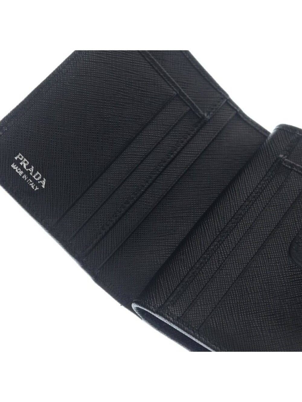 Prada Compact Wallet Bifold Coin Case Black Leather Nylon Silver - Picture 4 of 6